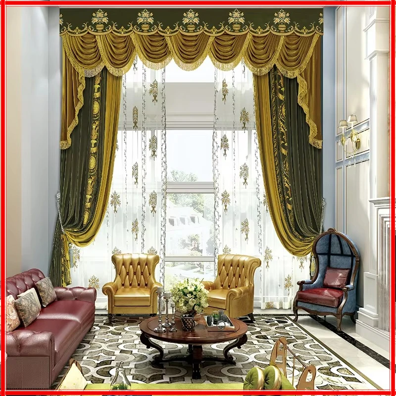 

European Luxury Curtains for Living Room Blackout Bedroom Tulle Valance Velvet Embroidereddrapery Custom Elegant Green Short