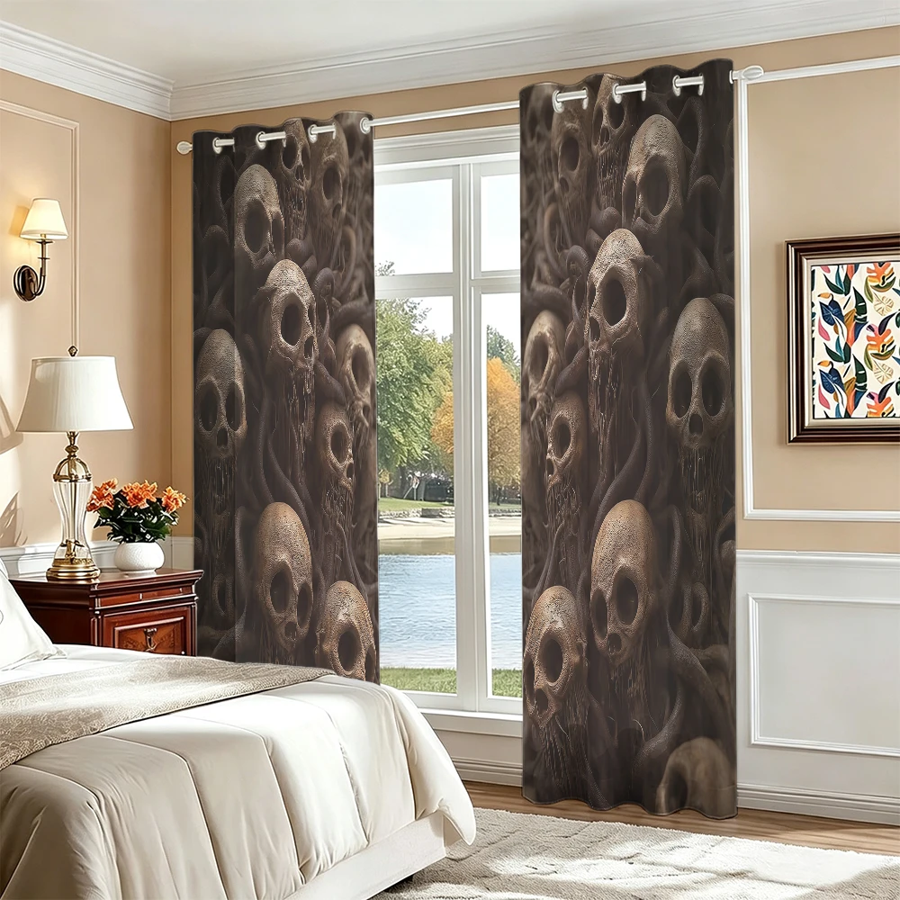 2Pcs Perforated Blackout Curtain Light Block Privacy Drape Living Bedroom Halloween Skull Crow Gothic Horror Window Decor