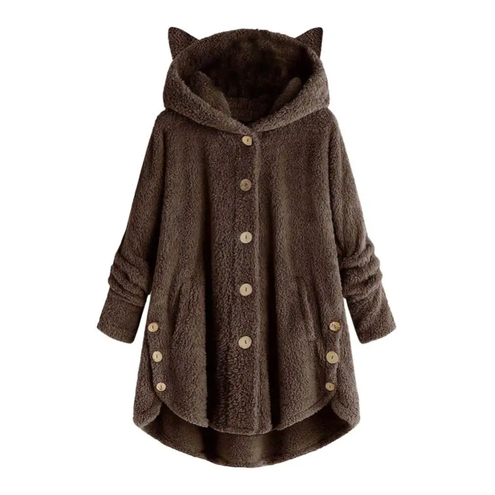 Cute Women Winter Cute Cats Ears Hooded Irregular Hem Buttons Jacket Fleece Coat Autumn women\'s plus velvet sports sweater gifts