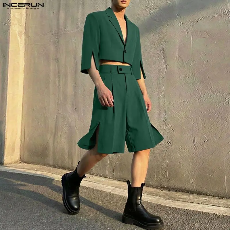 

INCERUN Men Sets Solid Color Lapel 3/4 Sleeve Crop Blazer & Shorts Two Pieces Sets Streetwear 2026 Fashion Men's Casual Suits