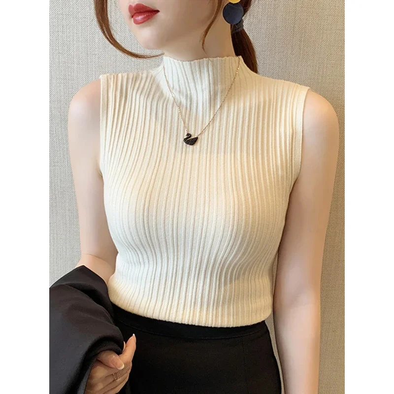 2024 Summer Turtleneck Ribbed Tank Tops Women Camisole Sleeveless Slim Female Stripe Croped Vest Casual Solid Camis Top