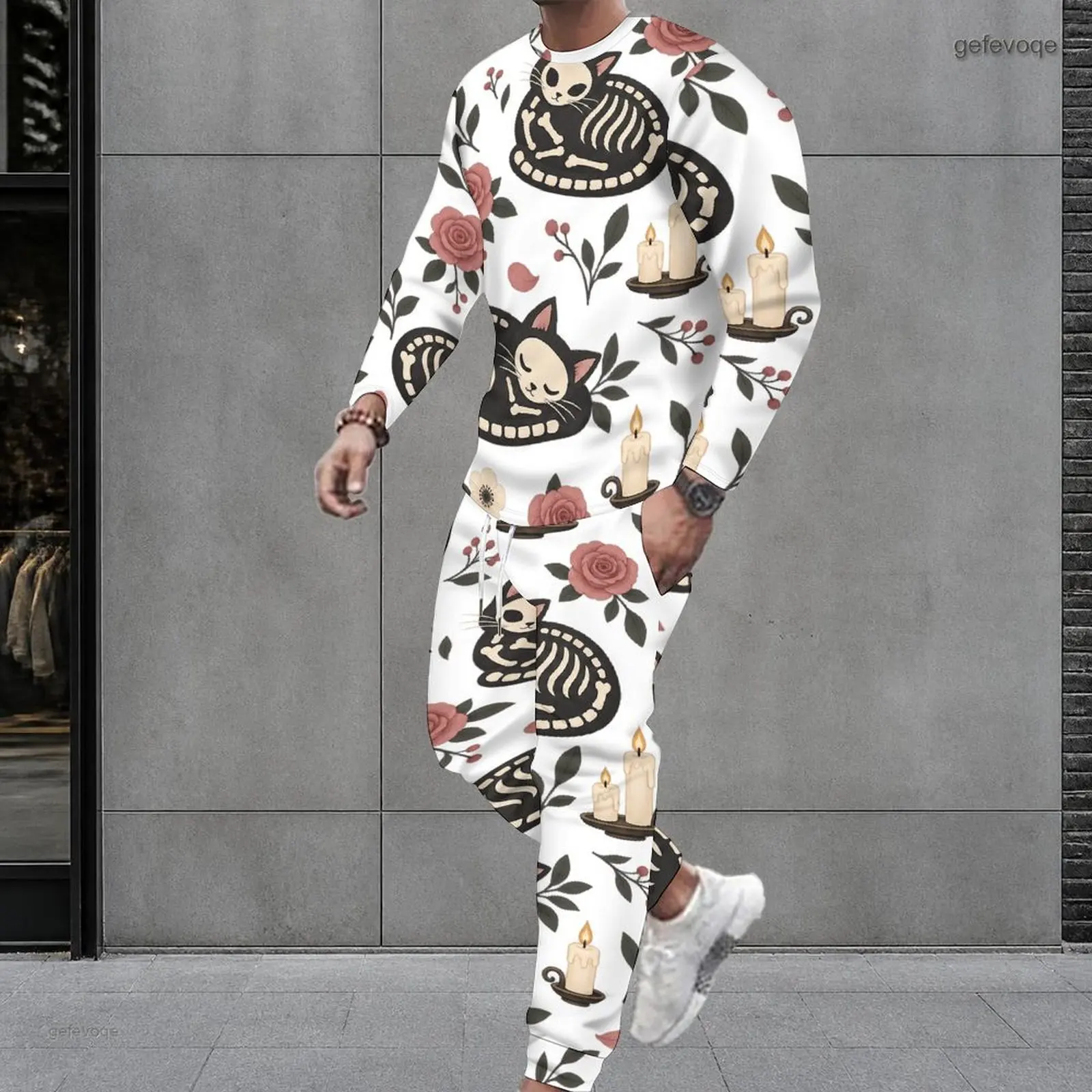 Men Printed Skeleton Cat Rose Candle Floral Round Neck Long Sleeve Top Cuffed Pants Two Piece Set