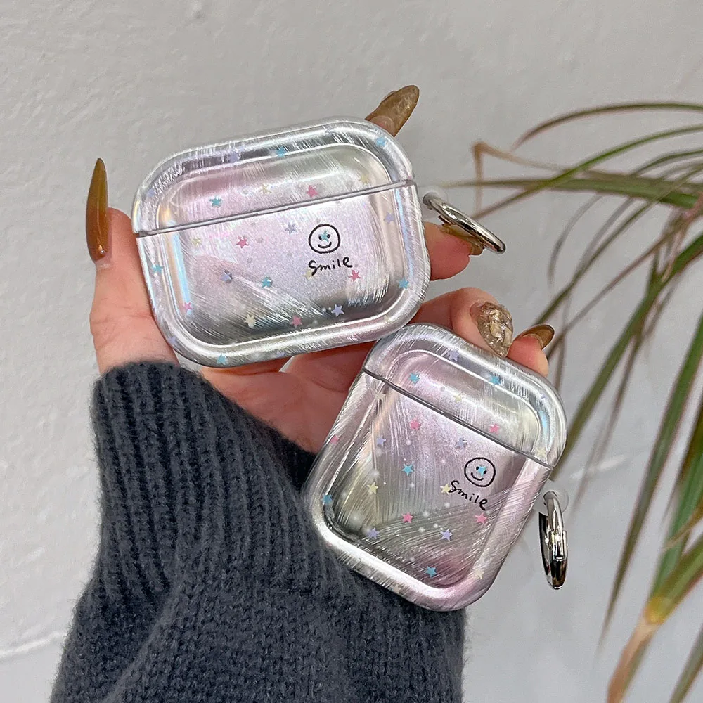 Stella colorata Volto sorridente Laser Argento Custodia morbida per auricolari per AirPods 4 Nuova copertura protettiva per AirPods 2 3 Pro 2 Shell Coque