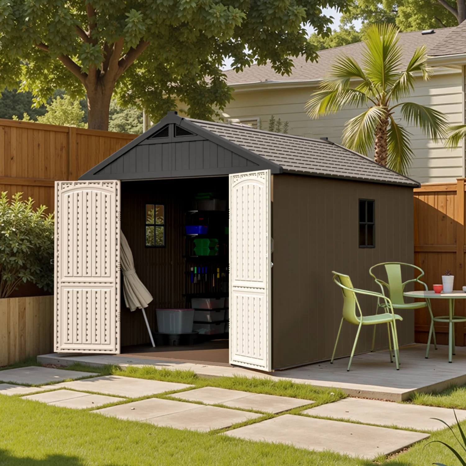 8 X 6 FT & 8 X 8 FT & 8 X 10 FT & 8 X 12 FT Resin Outdoor Storage Shed With Floor And Light, Plastic Shed With Lockable Door