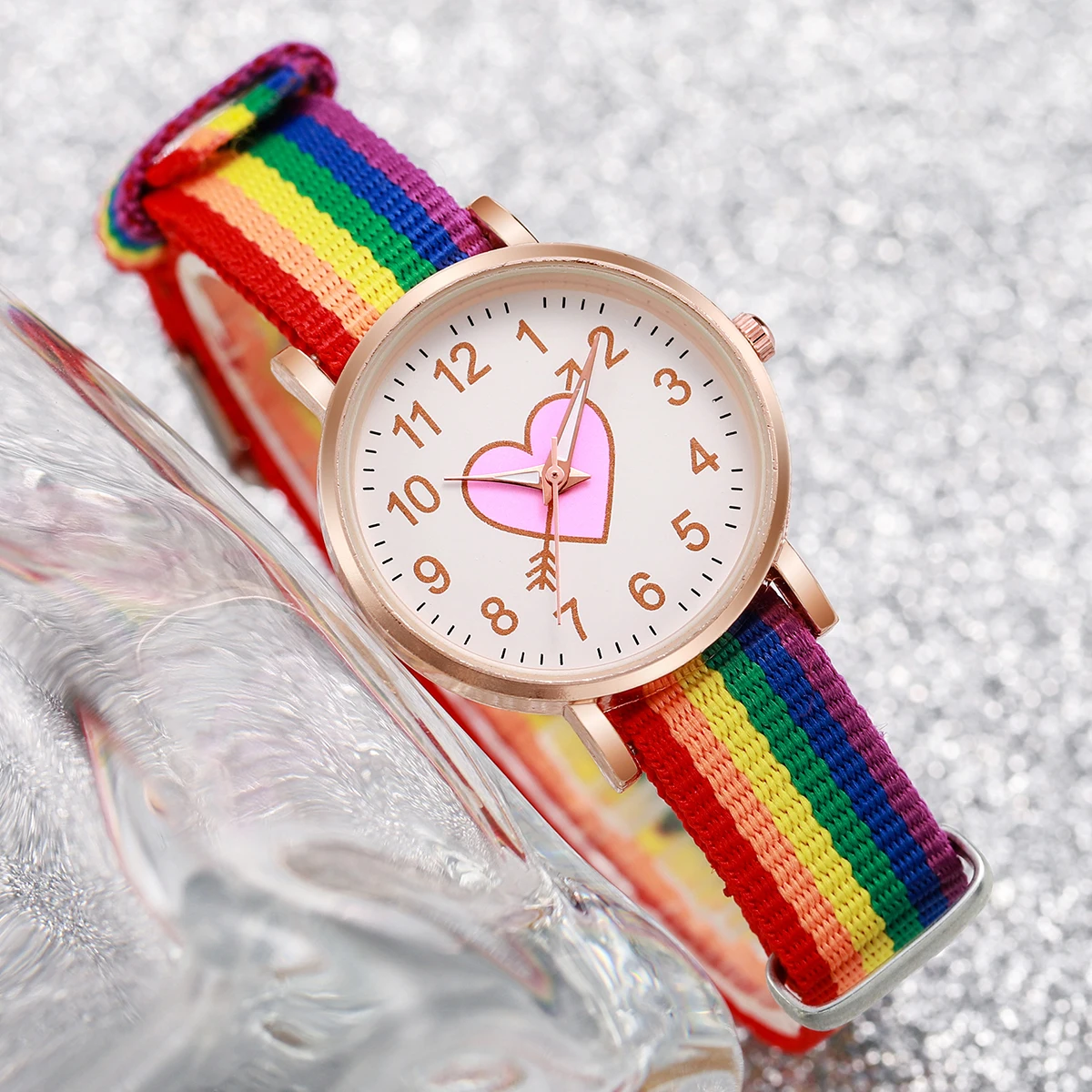 4PCS/Set Fashion Heart Dial Women\'s Watch Nylon Band Quartz Watch Rainbow Beads Bracelets Set