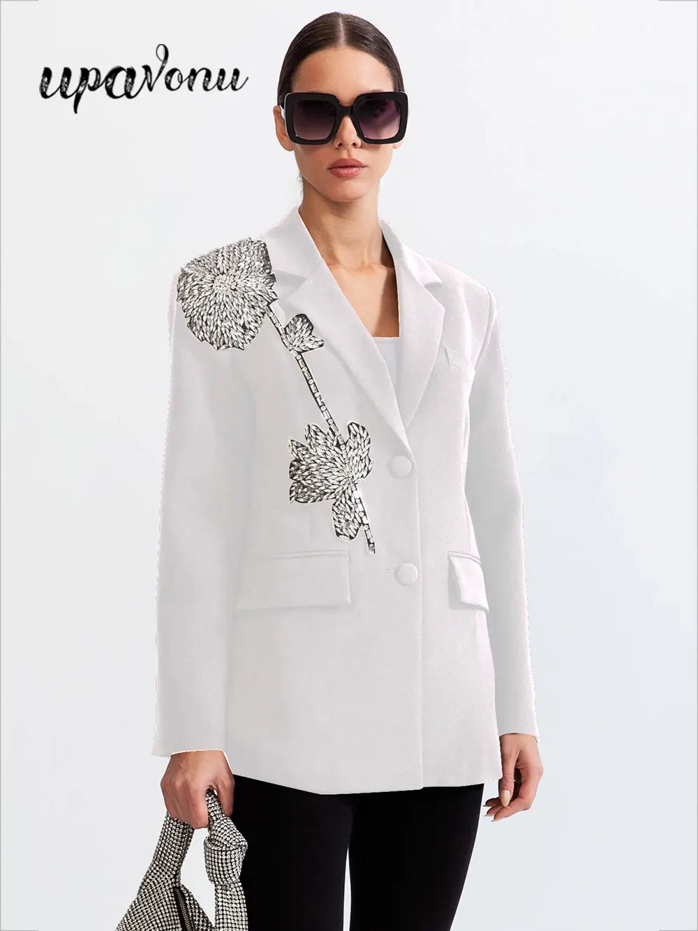 2024 Elegant Women Office OL Blazer Polo Collar Long Sleeve Slim Fit Single breasted Stereoscopic Water Diamond Flower Suit Coat