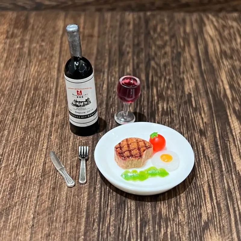 1세트 미니어처 주방 인형 집 시뮬레이션 모델 1:12 스케일 인형 집 미니 와인 스테이크 키트 홈 데코레이션 액세서리