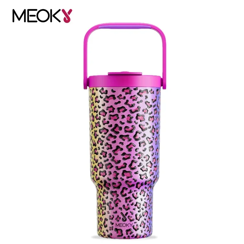 

Meoky 32oz car sippy cup Stainless steel cold thermal insulation Termos coffee Leopard print with cover tive water ﻿cup Tumbler