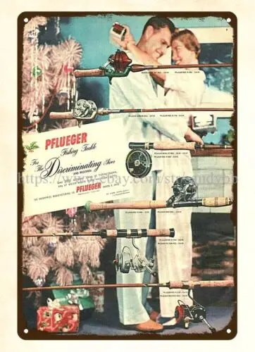 Letrero metálico de pesca PFLUEGER REELS RODS de 1957, diseño de interiores de hogar de última generación