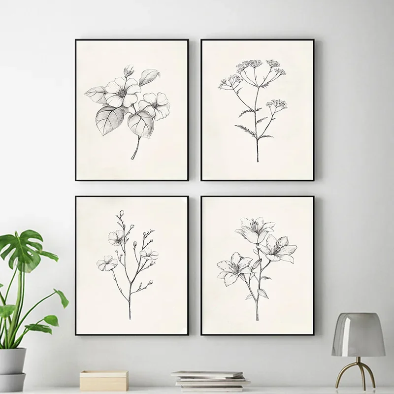 

4pcs Vintage Floral Wall Art for Farmhouse Bathroom Black and White Botanical Prints Wall Decor Aesthetic Botanical Posters