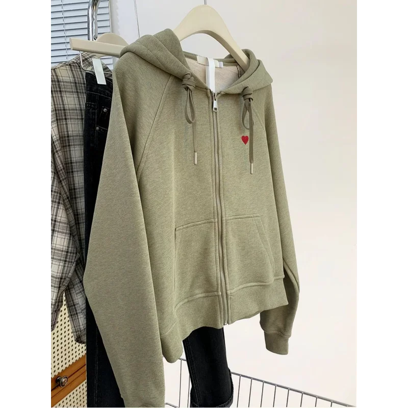 Grijze rits geborduurd lui sweatshirt met capuchon lente herfst nieuwe losse vest jas top