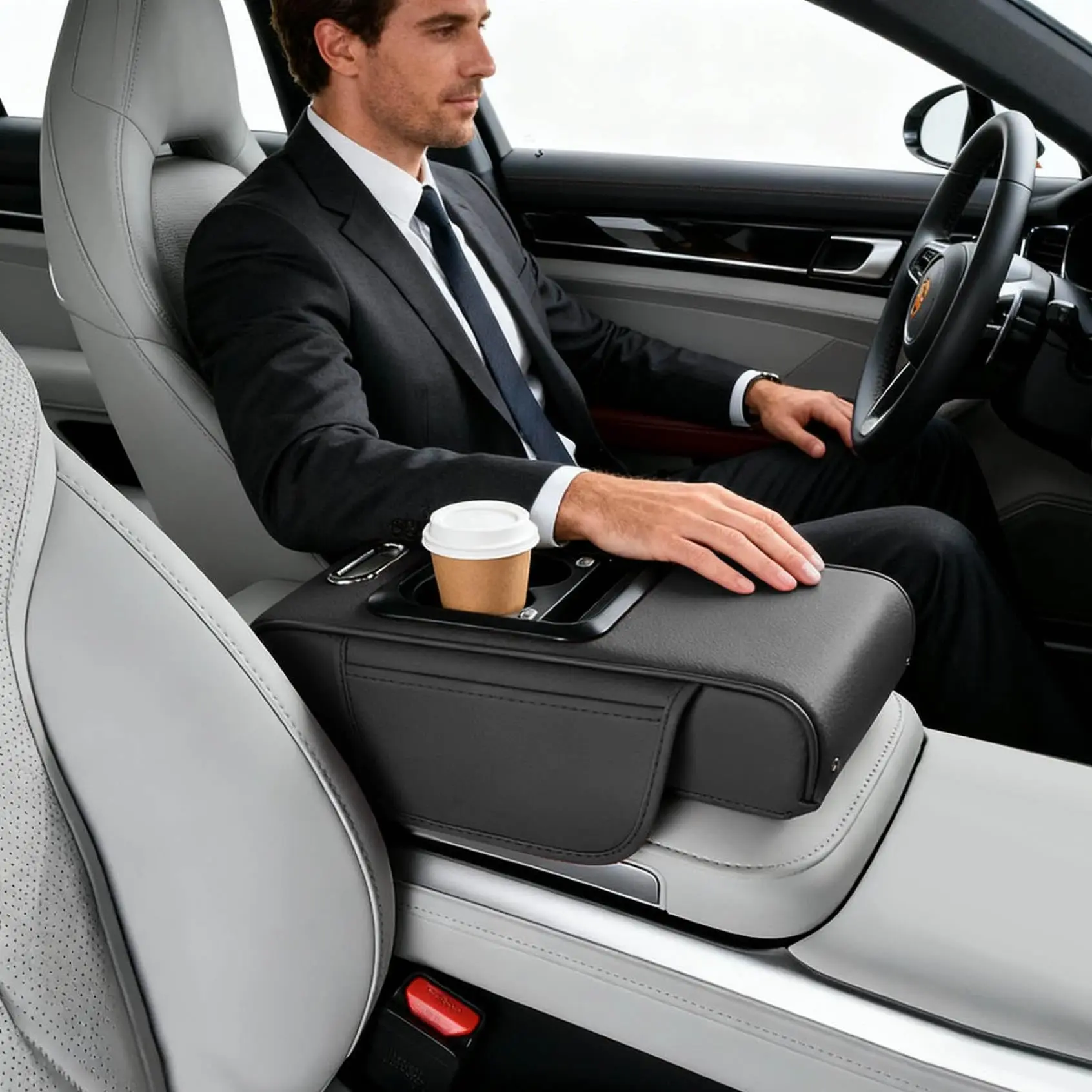 Compact Car Center Console Armrest Cushion with Cup Holders, Elbow Support & Tissue Storage for Narrow Consoles