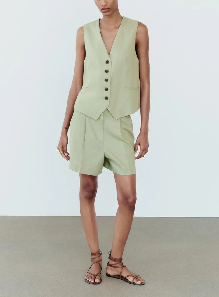 

Spring New Mixed Linen Vest High Waist Casual orts Women's Faion Set V-ne ort Pants Ensemble Casual Wear