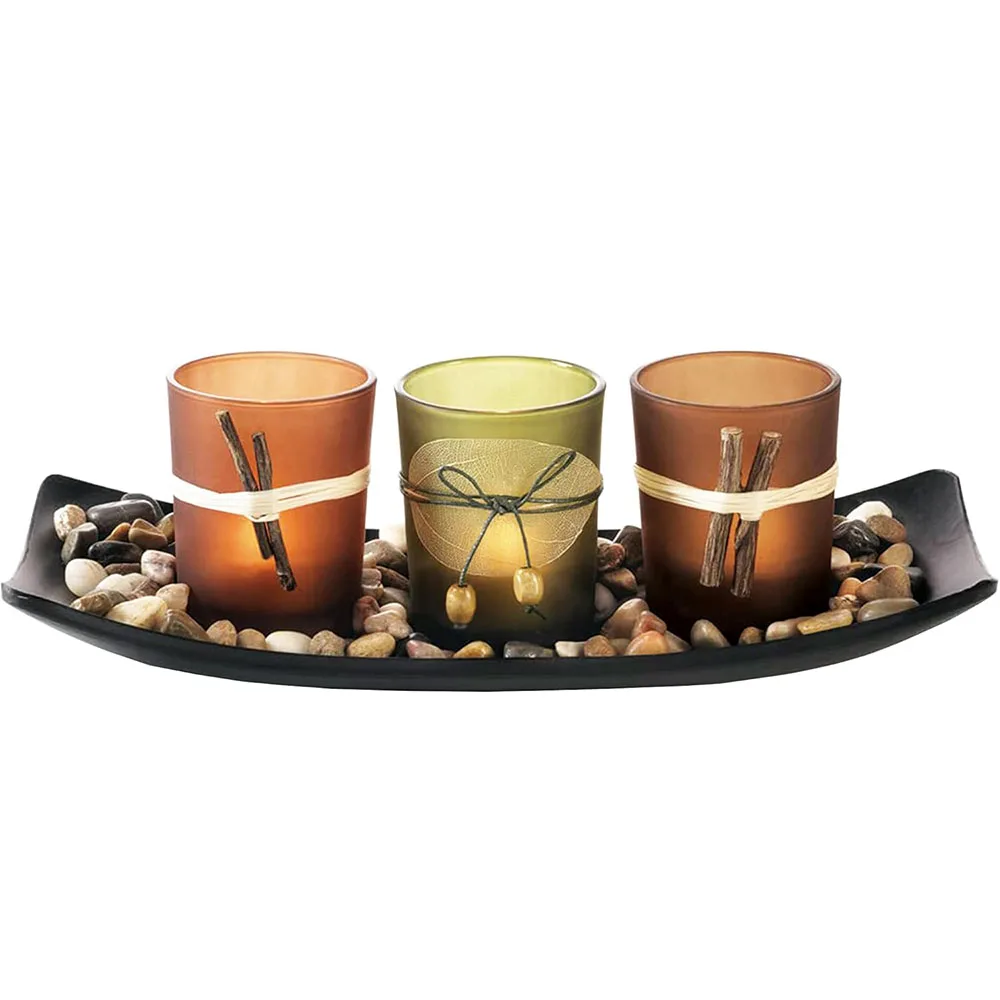 Decorative Votive Candle Holders, Vintage Decor Flameless Natural Candlescape Set, 3 LED Tea Light Candles, Rocks and Tray