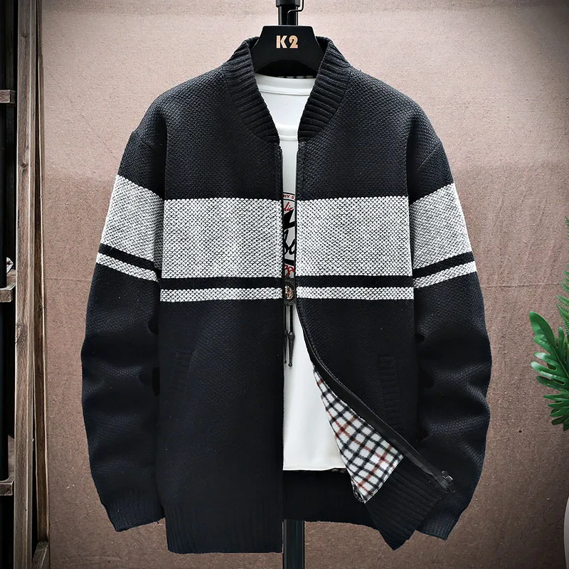 

Men Knitted Cardigan Sweatercoat 2024 Autumn Winter Fleece Warm Cardigan Casual Splicing Color Knitting Jacket Coat Men Clothing