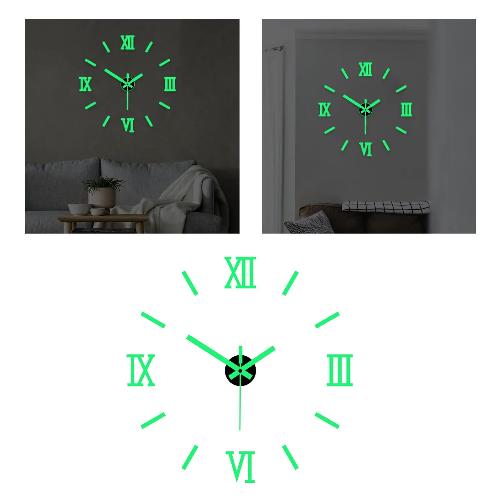 Round Quartz Clocks Non Ticking DIY Glow in The Dark Battery Operated Luminous Wall Clock Stickers for Kids Room