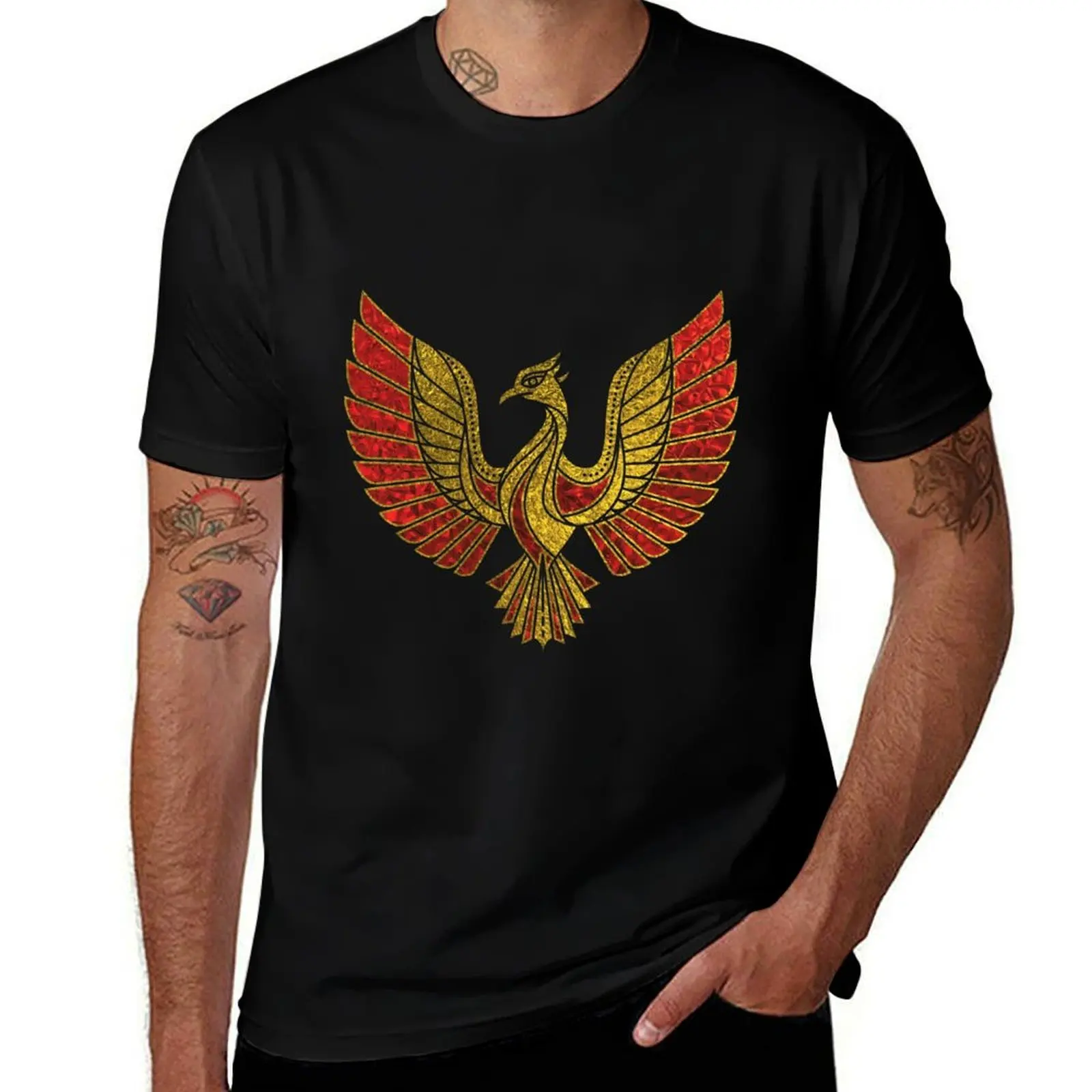 Gold and red Decorated Phoenix bird symbol T-Shirt Casual Soft Cotton Short Sleeve Tee T-Shirt