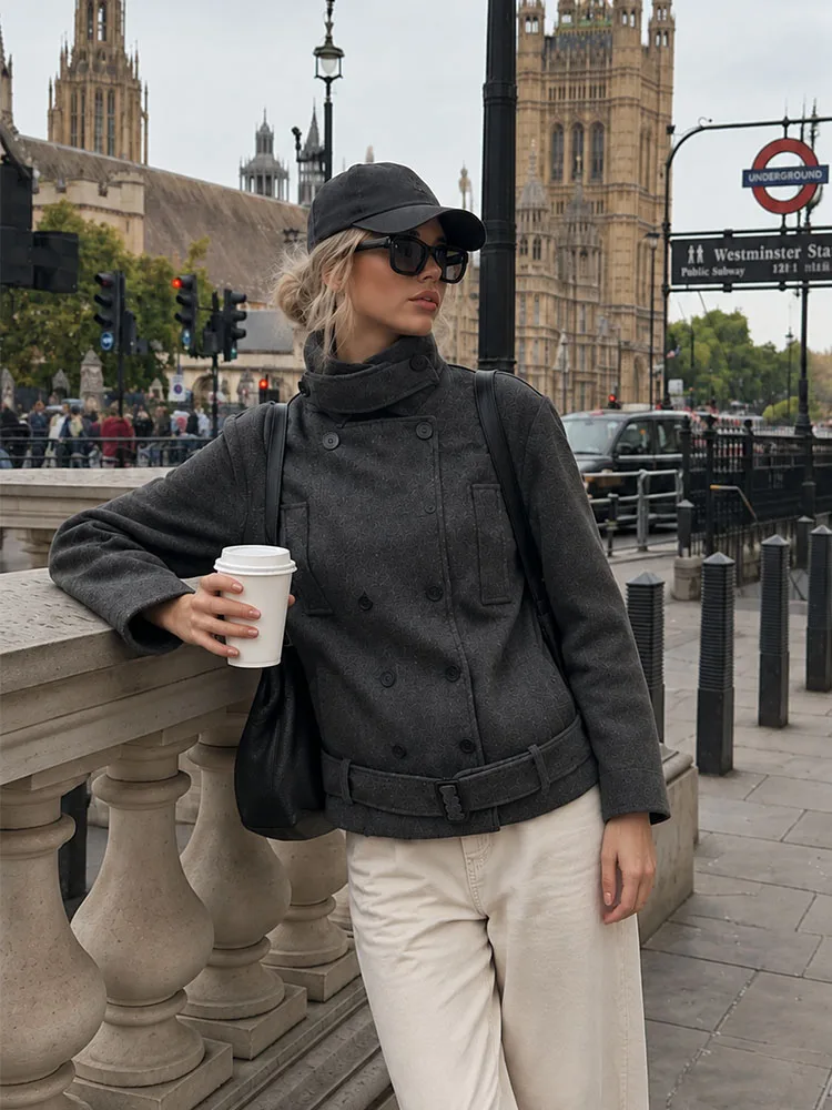 HH Date Night Party Dark Grey Wool Blend Funnel Neck Double Breasted Belted Mid-length Jacket Women Fall Glam Chic Outerwear