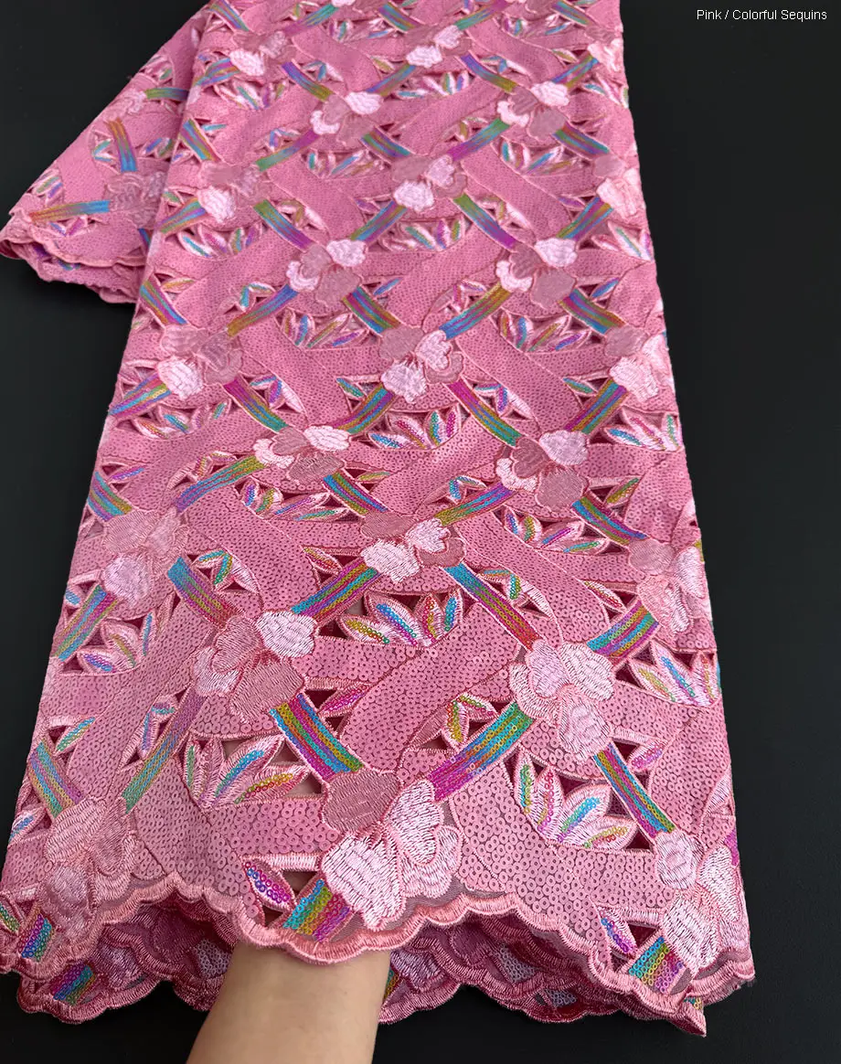 5 Yards de Tissu Nigérian en Organza Rose Africain Découpé à la Main, avec Paillettes Perforées et Voile à Texture Fine, pour Toutes les Occasions et Célébrations