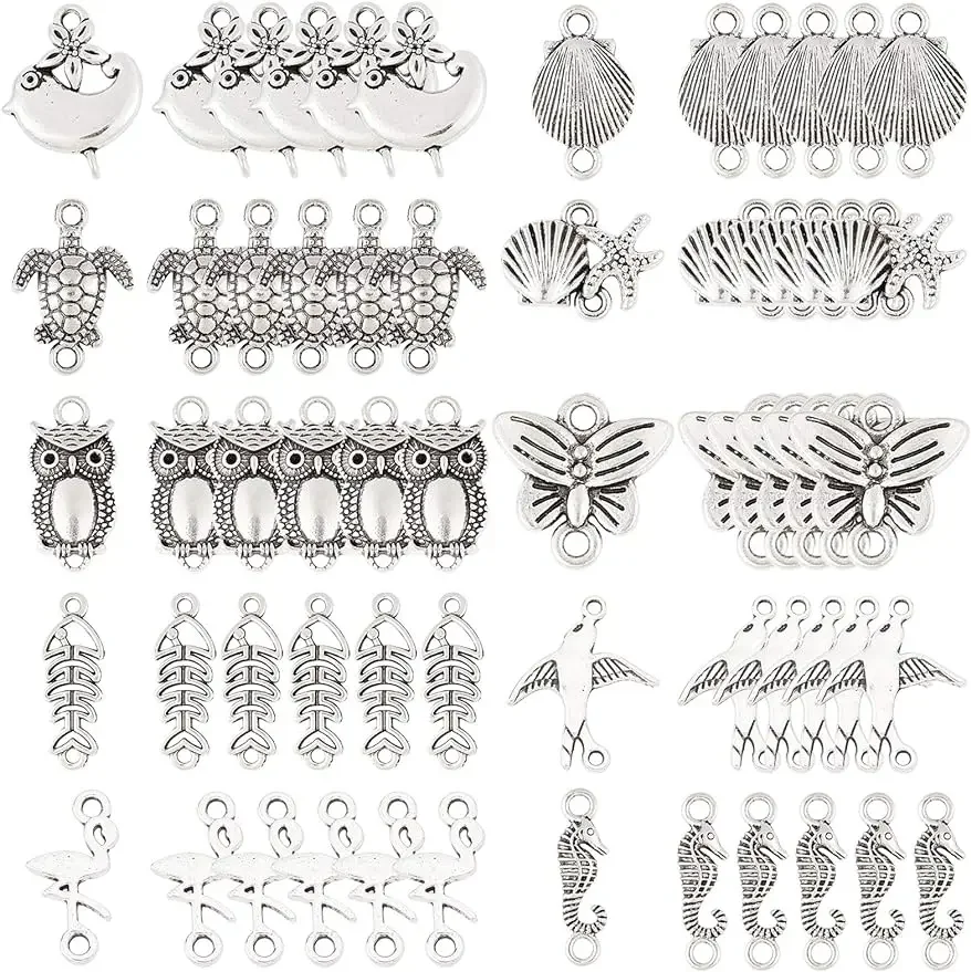 60pcs Animal Connector Charms Antique Silver Double Hole Connectors Tibetan Style Turtle Seashell Linking Charm Owl Butterfly