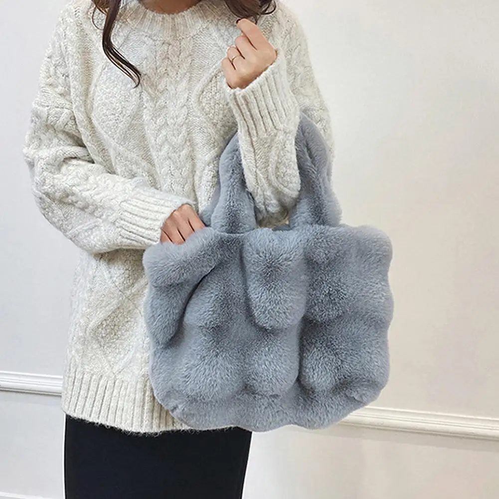 

Women's Fluffy Plush Shoulder Bag Autumn Winter Top-Handle Solid Color Tote Versatile Commuter Handbag for Girls