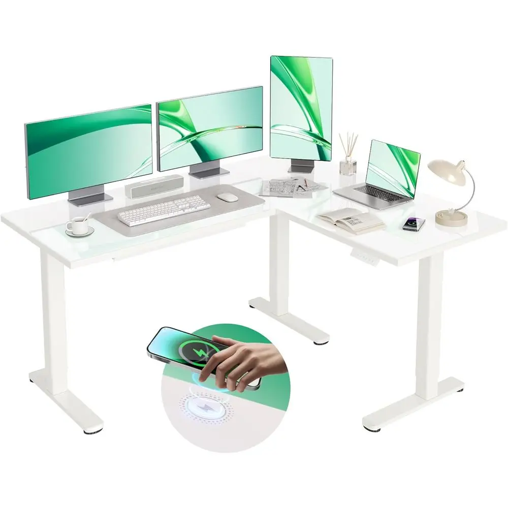

Adjustable Height Dual Motor L-Shaped Desk, 63x55 inches, White, for Home or Office