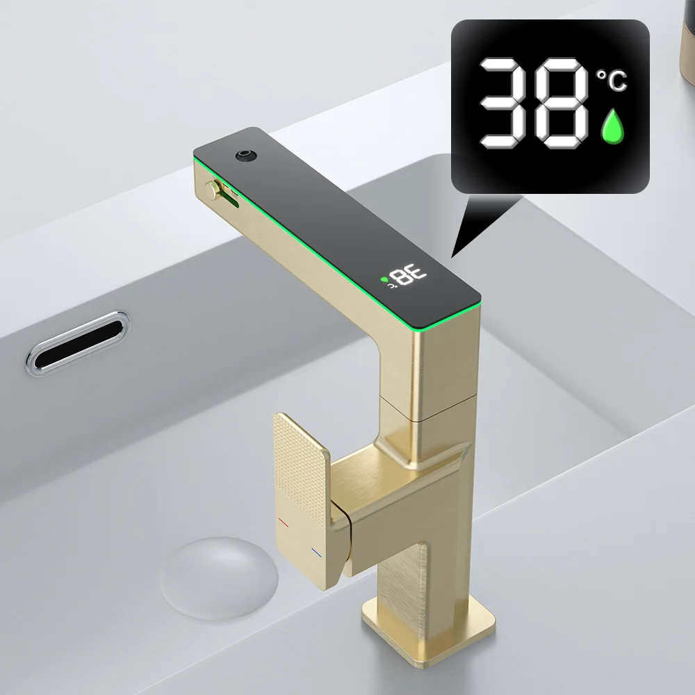 Moderne Luxus Digital Display Bad Wasserhahn Einzigen Loch Deck Montieren Messing Mixer Waschbecken Wasserhahn Waschgefäß Badezimmer Waschbecken Armaturen Farbwechsel Atmosphäre Lampe Wasserhahn für Bad
