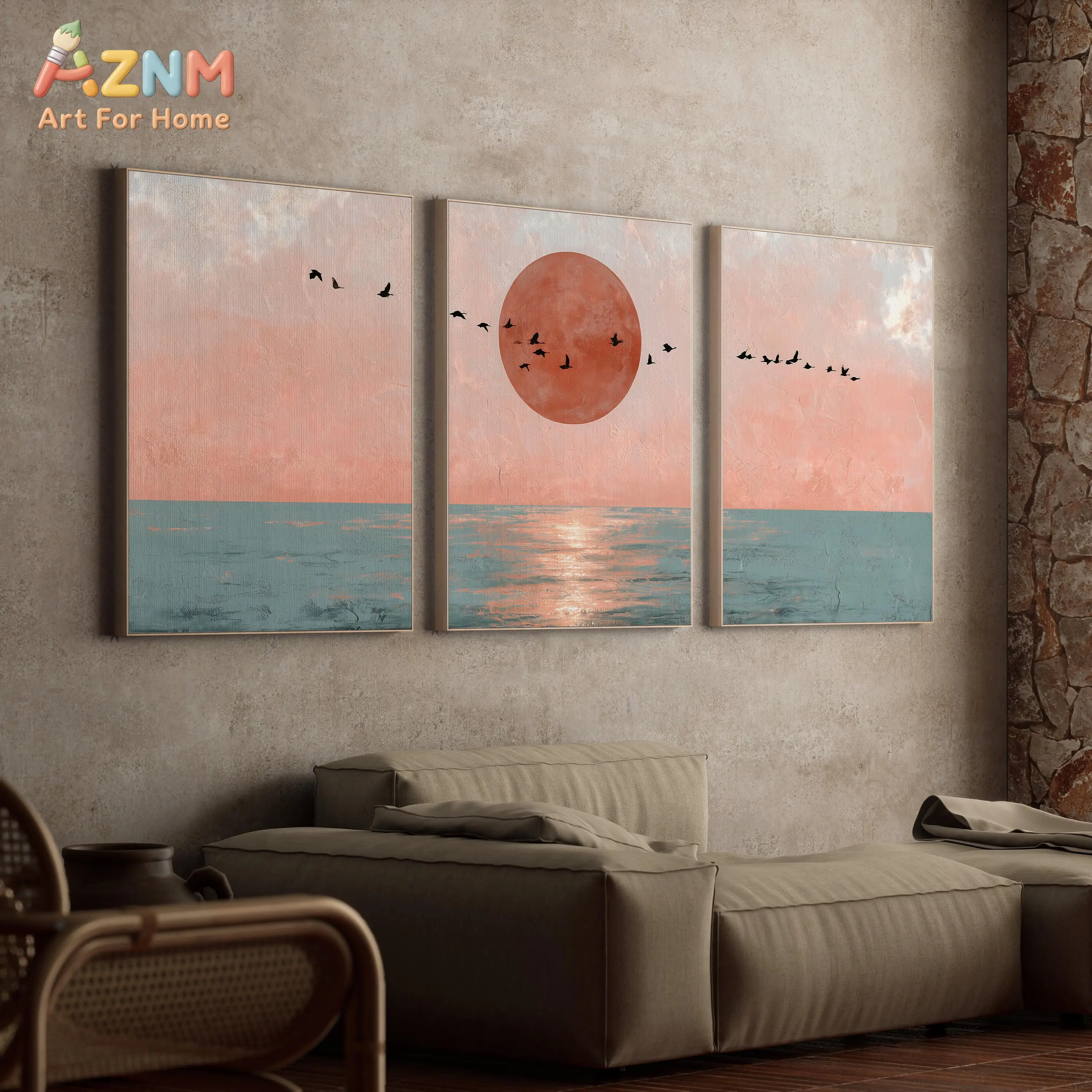 AZNM 3Pcs Textured Pink Sunset Ocean Canvas Wall Art, Abstract Red Moon Flying Birds Seascape Print Frameless Canvas Painting, B
