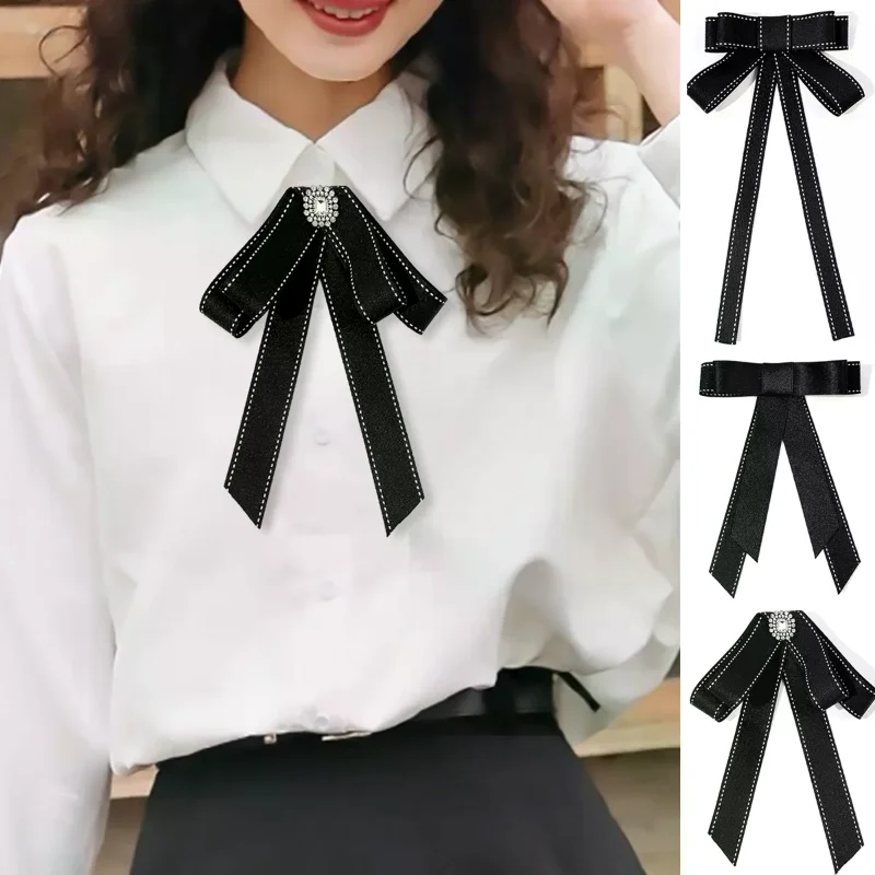 Black Ribbon Fabric Bow Brooch Tie Blouse Sweater Neckline Accessories Decoration