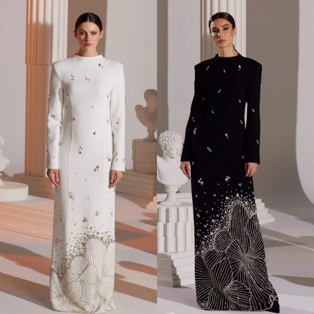 

Jersey Sequined Flower Beading Ruched Birthday A-line High Collar Bespoke Occasion Gown Long Dresses