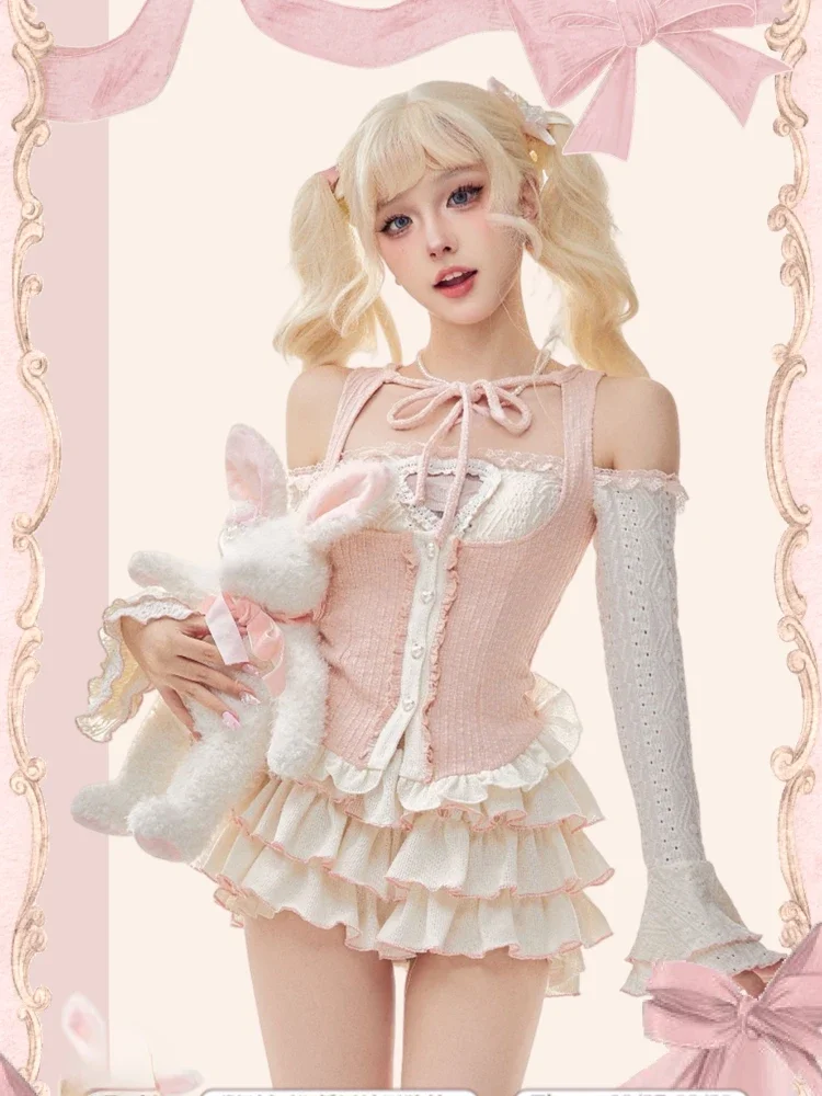 Japanese Sweet Kawaii 3 Piece Set Women Korean Lolita Cute Skirt Suit Female Pink Vest + Cake Mini Skirt + Off Shoulder Blouse