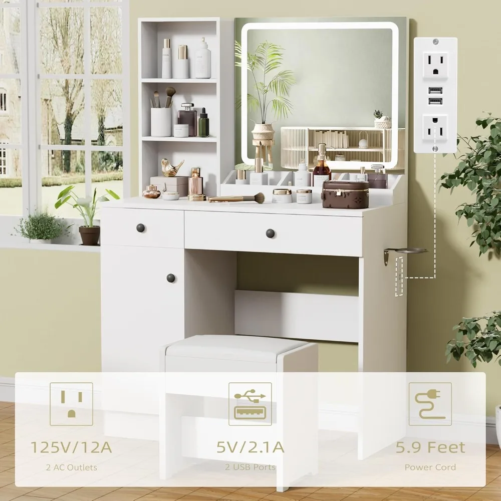 مكتب مكياج نسائي مع مرآة و11 مصباحًا، ومصابيح هوليوود أكثر إشراقاً بثلاثة ألوان، وطاولة زينة مع أدراج وطبقات كبيرة