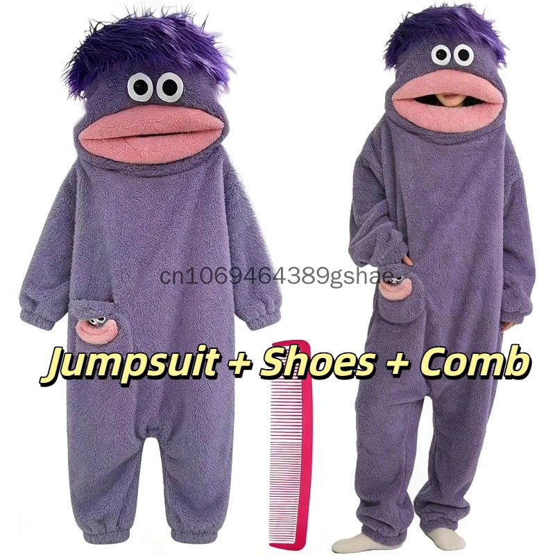 Cartoon Big Silly Mouth Monster Onesie Pajamas Cozy Plush Sleepwear Funny Couple Loungewear with Comb and Shoes for Adult Outfit
