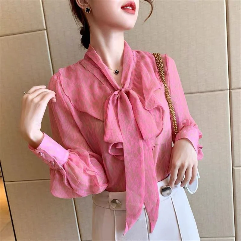 Women\'s Elegant Ruffle Bow Lace Up Sweet Chic Shirts 2023 Spring Autumn Korean Fashion Print Long Sleeve Slim Top Blouse Blusas