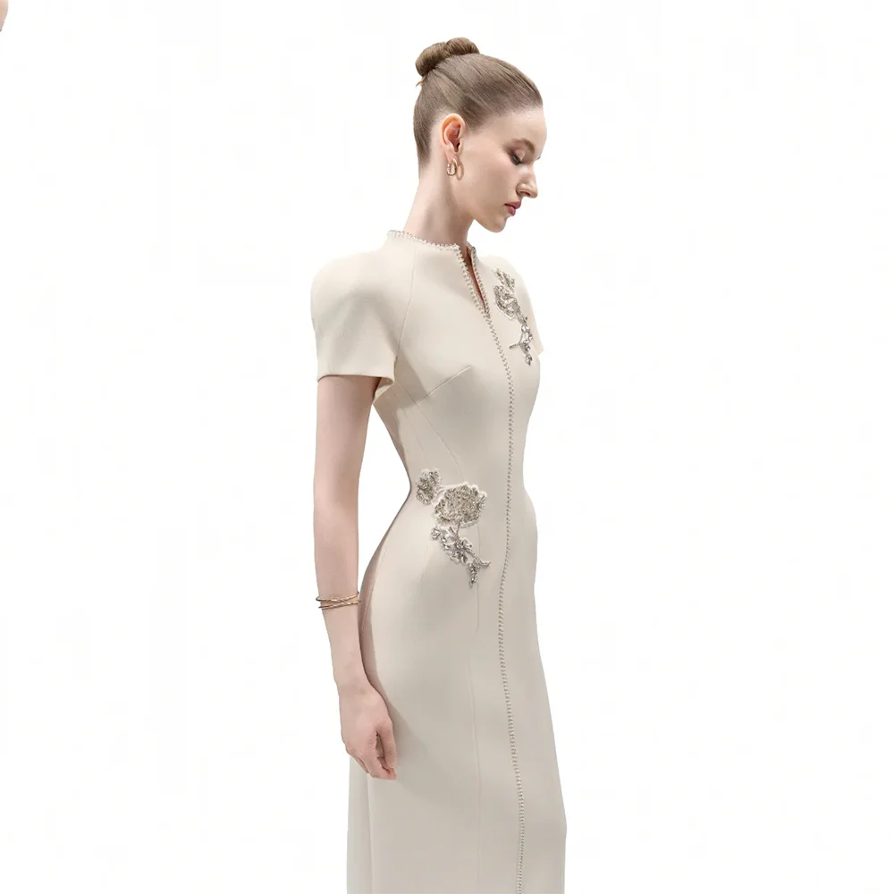 Abiti da sera alla moda con collo alto e maniche corte, abito da donna dritto lungo fino al pavimento per feste di matrimonio con cerniera in cristallo, abiti da ballo