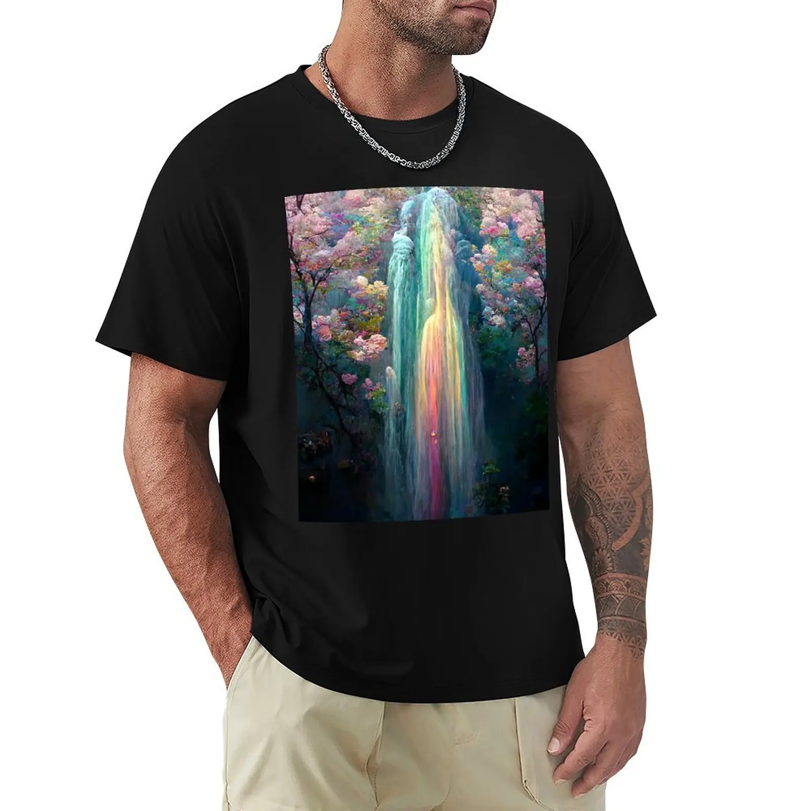 Pastel Room Decor Rainbow Waterfall Abstract Art Print T-Shirt Outdoor Sports Short Sleeve Top