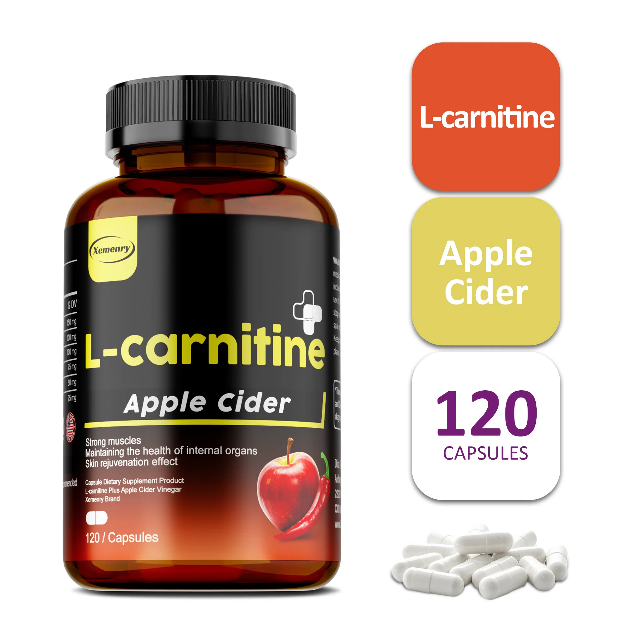 

L-carnitine & Apple Cider Capsules - Weight Management, Muscle Recovery and Growth, Boost Energy, Promotes Digestion Health