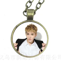 Hot KPOP EXO Necklace EXO Member Figure 25mm Glass Cabochon Charm Pendant Sweater chain For Fans Support Jewelry Gift