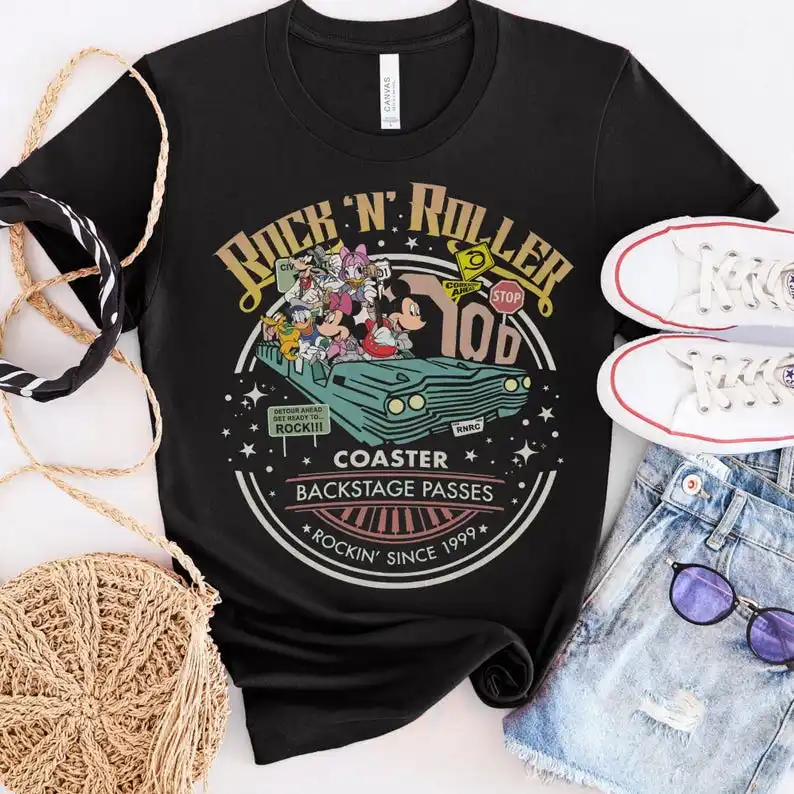 قميص ديزني ميكي آند فريندز روك أند رولر ريترو هوليوود ستوديوز تي شيرت ديزني لاند للعطلات العائلية