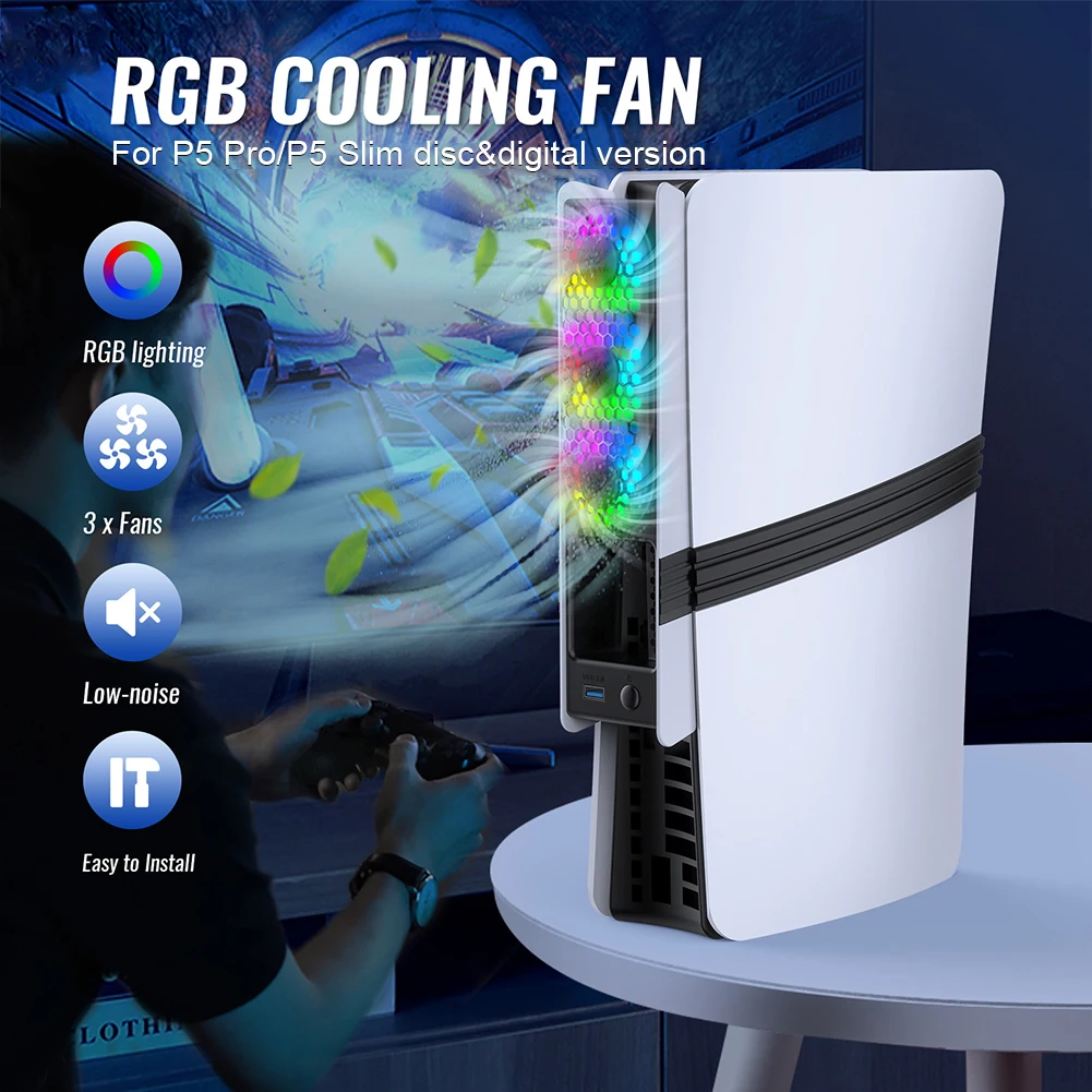 Cooling Fan For PS5 Pro/PS5 Slim Cooling Game Accessories 3 Speed RGB Quiet Cooler Fans for Playstation5 Pro/Slim Disc & Digital