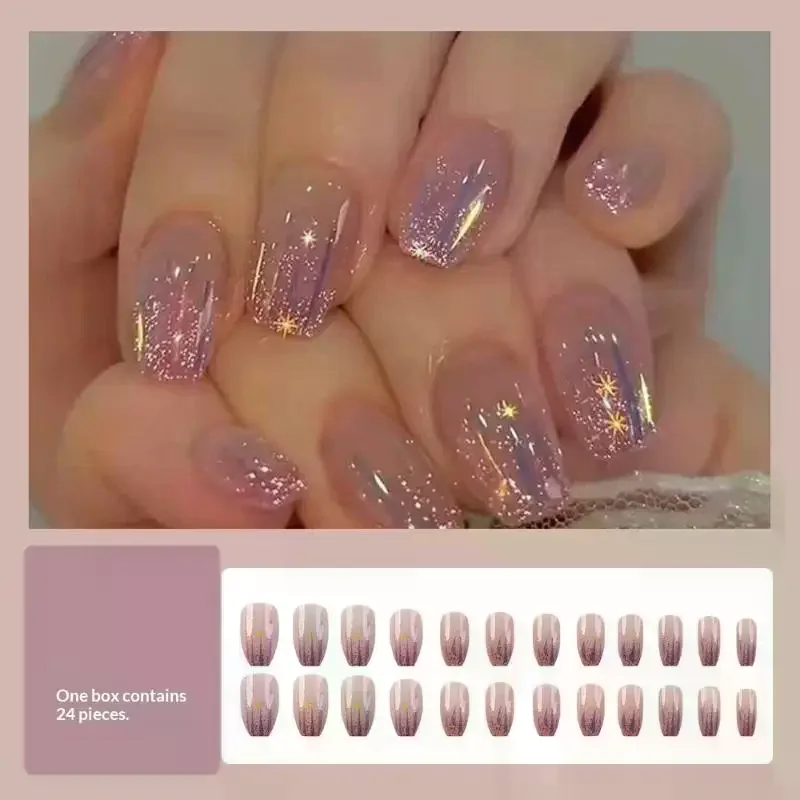 24PCS Glitter Crush Press-On Nails – Short Square Shape With Mirror Powder Accents Dazzling Fragmented Design