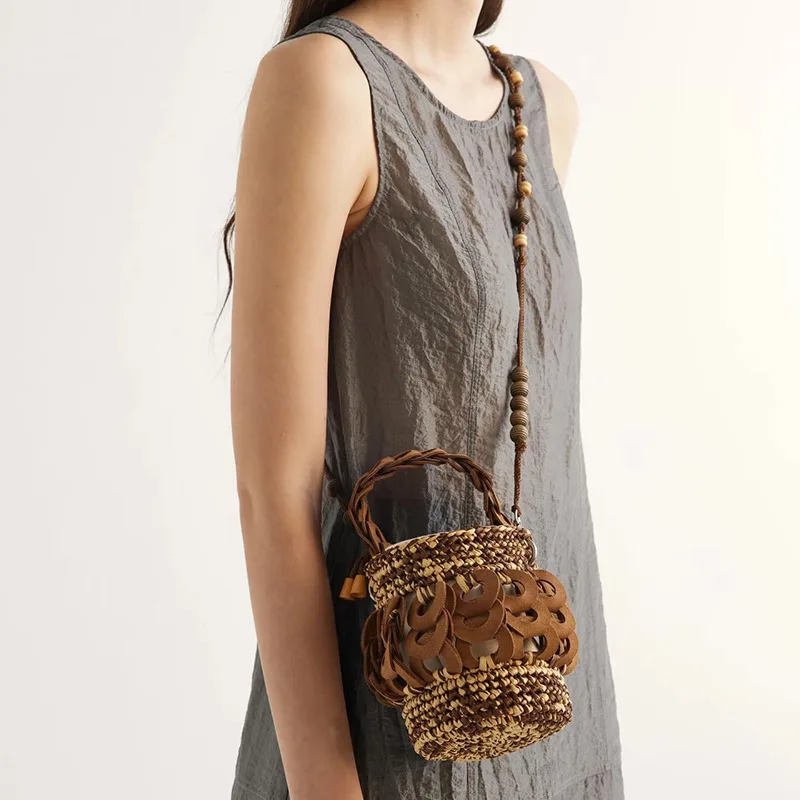 

Bohemian Woven Bucket Bags for Women Handbags Handmade Crochet Beach Bag Small Basket Shoulder Bags Luxury Patchwork Straw Bag