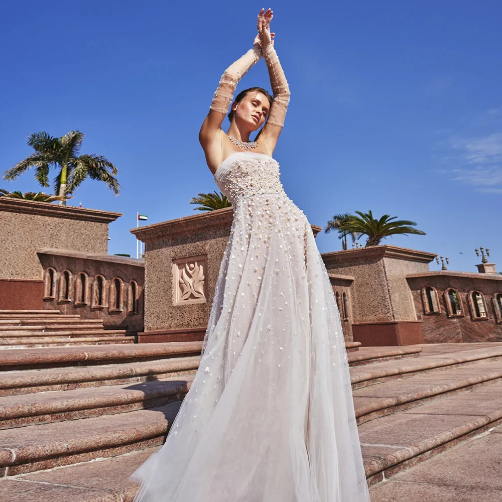 Laidiya-vestidos de graduación con cuentas y lentejuelas sin tirantes, perlas de lujo, longitud hasta el suelo, línea A, Princesa, fiesta de noche, elegante, moda