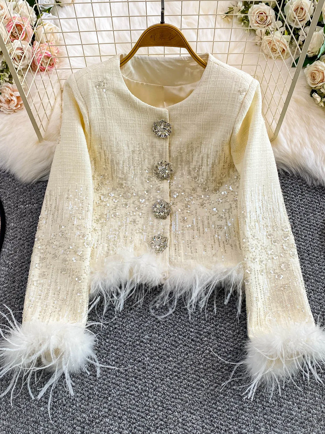 

Ele round Ne Diamond Embedded Heavy Work Light Luxury Women's Jaet with Ostrich Feather Splicing Sequin Top ort Coat