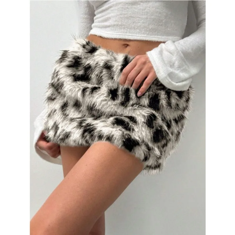 Retro Sexy Leopard Print Fluffy Short Skirt Slim Fit Spice Girl Hip Wrap Mini Skirt for Women