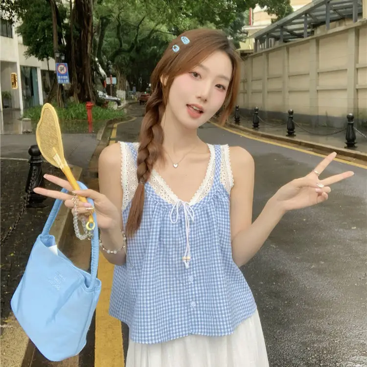 

Sweet Lace Plaid Vest Summer New Style 2024 Belt Loose Strap Top Sleeveless Fake Two-Piece Color Backless Women's Tank Top