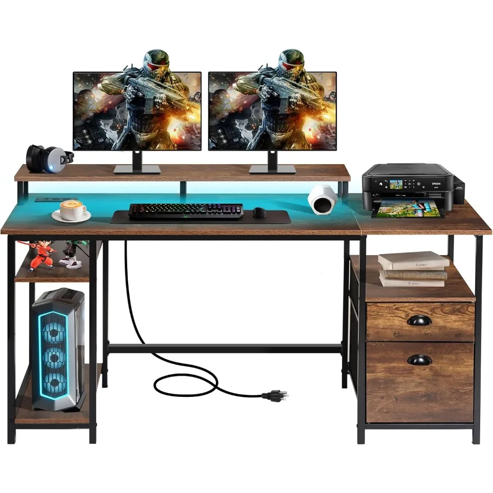 

61.4 Computer Desk with Power Outlet and LED Lights, Desk with 2 Fabric File Cabinet Drawer, Large Reversible Gaming Desk