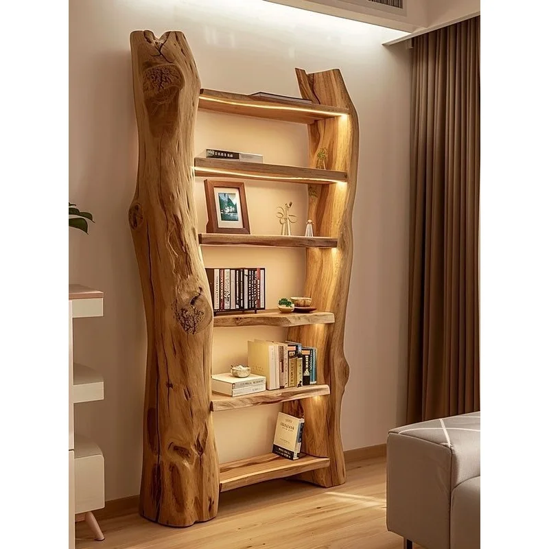 

New solid wood bookshelf New Chinese style living room study bookcase Log display shelf Natural trunk Dead wood tree-shaped