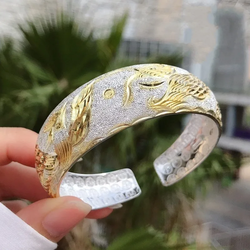 

100% 999 full silver dragon and Phoenix Bracelet female gilded wide face Open Heart Sutra mother's pure silver bracelet for elde