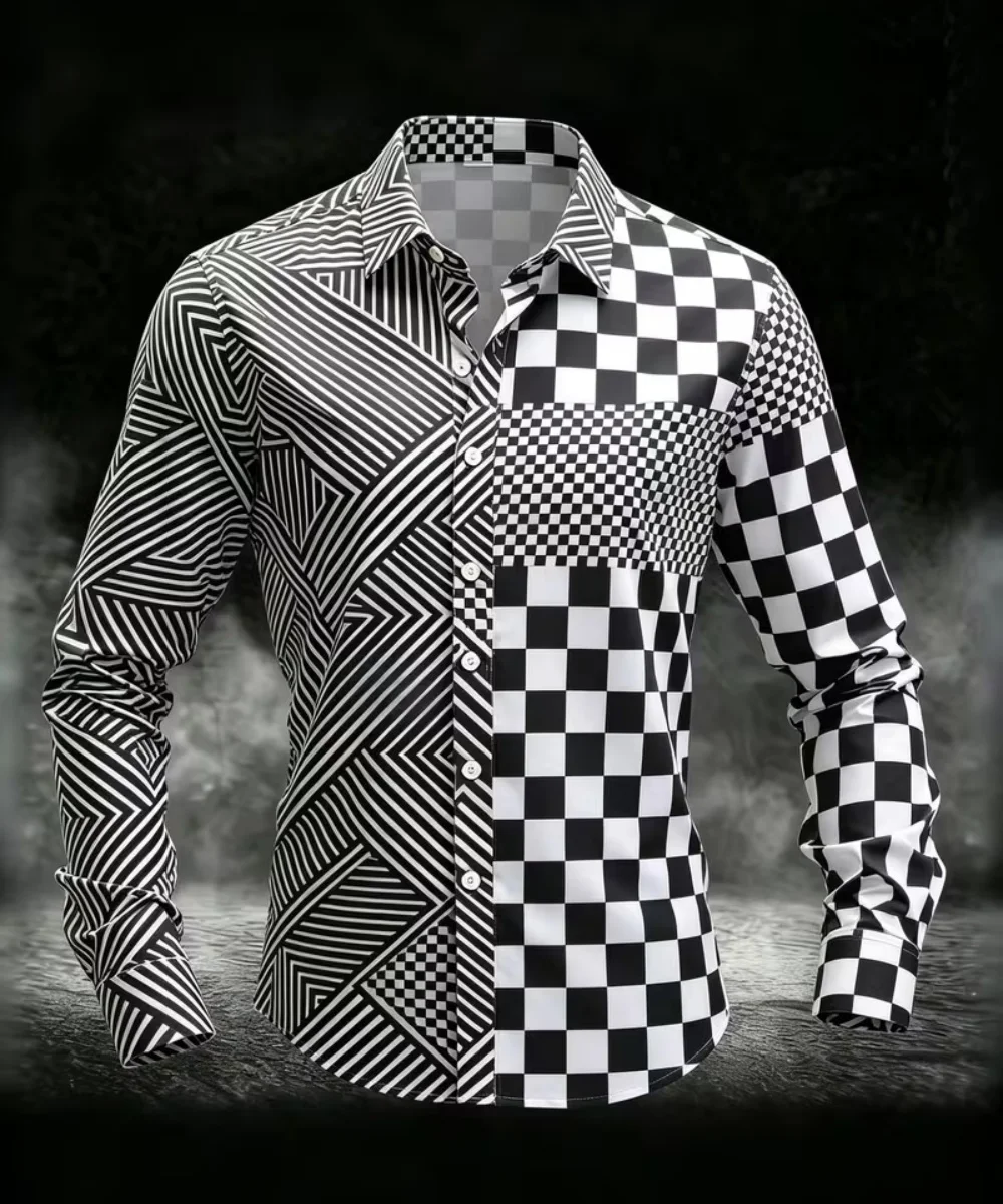 Men's Vintage Long Sleeve Shirt Black White Checkerboard Geometric Patchwork Print Lapel Button down Striped Plaid Splicin